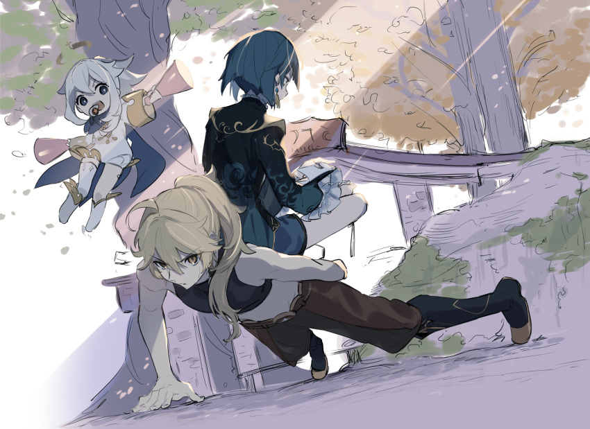 1girl 2boys aether_(genshin_impact) ahoge alternate_hairstyle bangs black_footwear blonde_hair blue_hair boots brown_pants dress earrings exercise frills genshin_impact halo highres jewelry long_hair long_sleeves multiple_boys nagatani_(ngt_926) outdoors paimon_(genshin_impact) pants push-ups shorts single_thighhigh sitting sitting_on_person sweat tassel tassel_earrings thighhighs tree white_dress white_footwear white_hair white_legwear xingqiu_(genshin_impact)