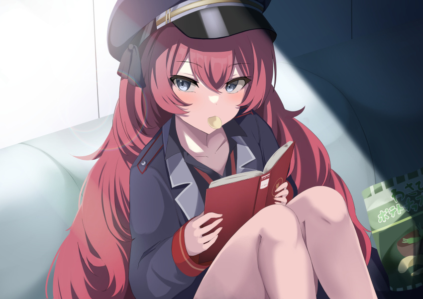 1girl absurdres black_shirt blue_archive blush book collarbone couch food_in_mouth halo hat highres iroha_(blue_archive) jacket knees_up looking_at_viewer military military_hat military_uniform mouth_hold necktie reading red_hair red_necktie shirt sitting snack solo uniform urabesunahito