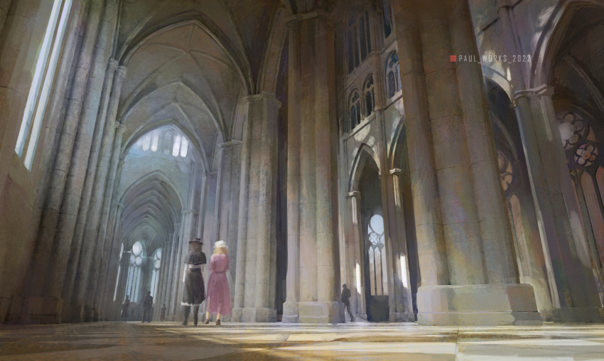 2girls black_headwear blonde_hair brown_hair checkered_floor highres indoors lonesome_street maribel_hearn multiple_girls pillar scenery touhou usami_renko walking white_headwear