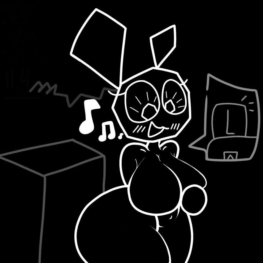 alexdraws anthro big_breasts big_butt black_background black_body black_skin blush blush_lines breasts butt button_prompt ears_up female hand_on_breast happy hi_res lagomorph leporid looking_down mammal musical_note navel no_shading nude polygons rabbit simple_background slightly_chubby smile solo speech_bubble text vib-ribbon vibri video_games wide_hips