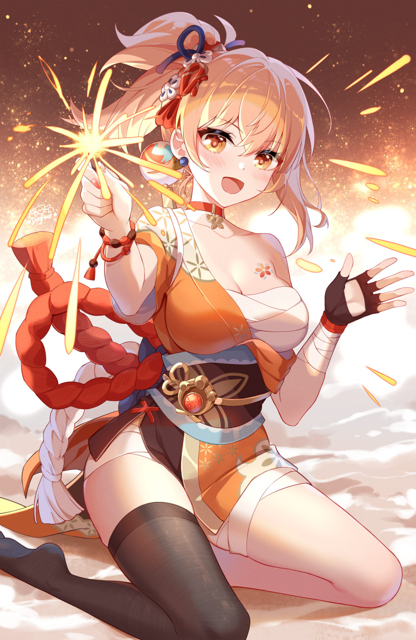 1girl :d bandaged_leg bandages bangs black_legwear blonde_hair blush bracelet breast_tattoo breasts chest_sarashi choker cleavage crossed_bangs ear_piercing eyebrows_visible_through_hair fingerless_gloves firecrackers fireworks genshin_impact gloves gou_lianlian_dogface hair_ornament hands_up highres holding_fireworks japanese_clothes jewelry kimono looking_at_viewer medium_breasts medium_hair no_shoes obi open_hand open_mouth orange_eyes orange_kimono piercing ponytail red_choker sarashi sash single_fingerless_glove single_thighhigh smile solo sparks tattoo thighhighs thighs vision_(genshin_impact) yoimiya_(genshin_impact)