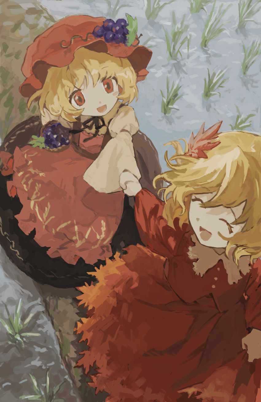 2girls aki_minoriko aki_shizuha apron blonde_hair closed_eyes food food-themed_hair_ornament fruit grape_hair_ornament grapes hair_ornament highres holding_hands leaf_hair_ornament multiple_girls namot open_mouth red_eyes red_headwear rice_paddy running siblings sisters smile touhou