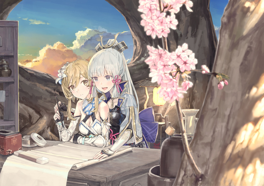 2girls 54cr :d arm_guards armor bangs blunt_bangs blurry breastplate breasts calligraphy_brush cherry_blossoms choker cleavage cloud cloudy_sky commentary_request depth_of_field detached_sleeves dress eyebrows_visible_through_hair flower genshin_impact grey_eyes hair_between_eyes hair_flower hair_ornament hair_ribbon highres holding holding_brush japanese_clothes kamisato_ayaka light_brown_eyes light_brown_hair long_hair long_sleeves looking_at_another looking_away lumine_(genshin_impact) multiple_girls paintbrush paper ponytail pot ribbon scarf short_hair short_hair_with_long_locks short_sleeves sidelocks silver_hair sky smile tree tress_ribbon twilight white_dress white_scarf