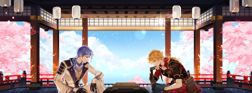 2boys absurdres armor bangs bird black_gloves blonde_hair blue_hair board_game cherry_blossoms closed_mouth cloud day dl_mask dog_tags ear_piercing fingerless_gloves from_side genshin_impact gloves green_eyes highres japanese_armor japanese_clothes kamisato_ayato lantern long_hair male_focus multiple_boys petals piercing ponytail profile purple_eyes railing shogi sitting sky thoma_(genshin_impact) wide_sleeves