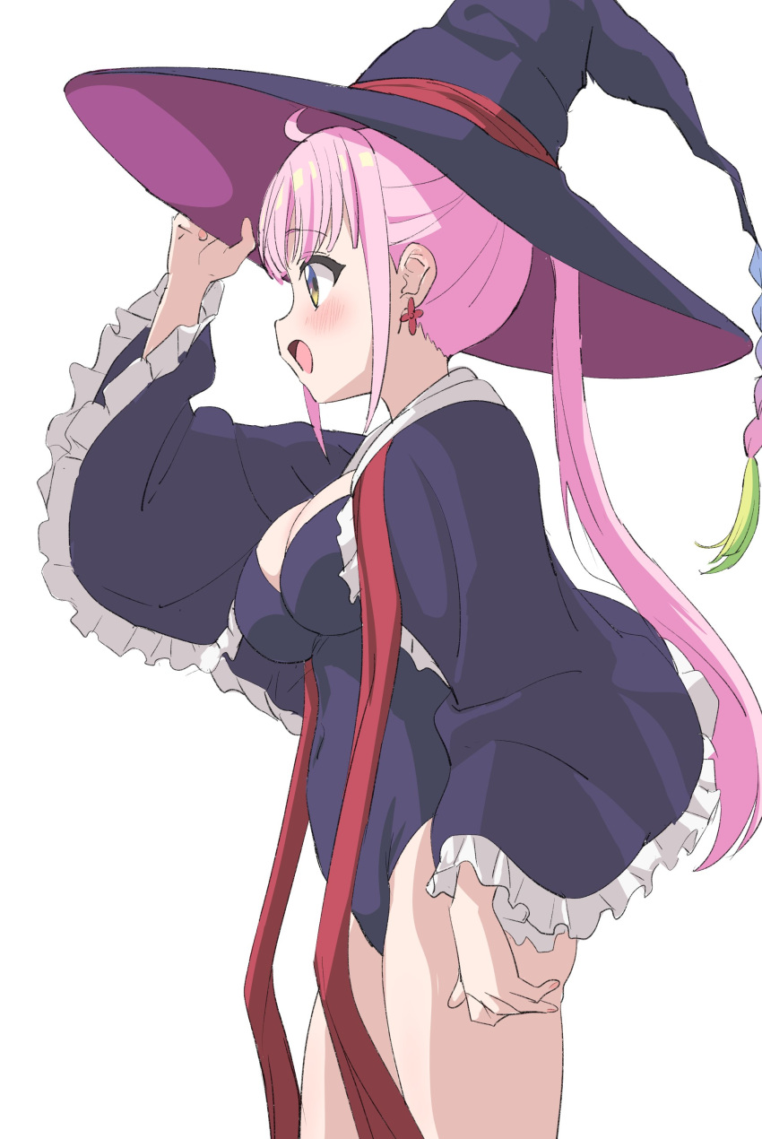 1girl absurdres bangs black_legwear blush breasts cleavage covered_navel earrings from_side hat highres jewelry kazairo_kotone large_breasts long_hair long_sleeves open_mouth pink_hair ponytail rpg_fudousan simple_background sincos solo swimsuit white_background witch_hat