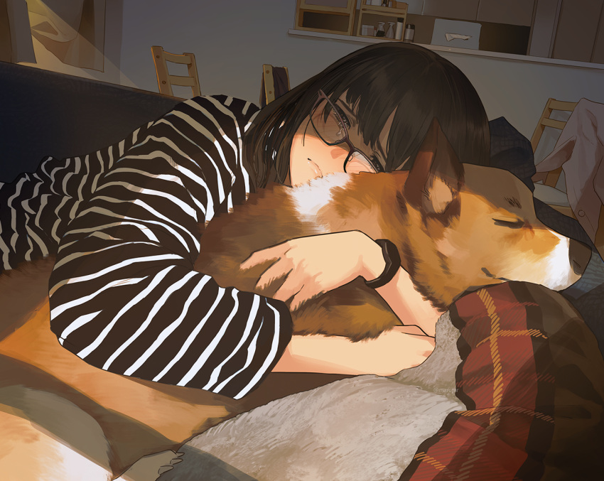 1girl bangs black_hair blush brown_eyes couch crying frown glasses hug looking_at_viewer lying medium_hair morifumi on_couch original sad shirt solo striped striped_shirt symbol-only_commentary tears watch welsh_corgi wristwatch