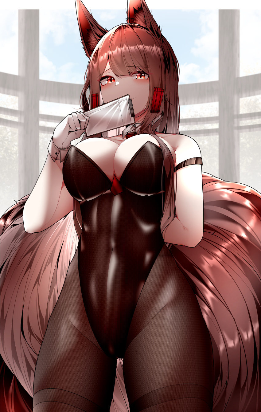 1girl absurdres akagi_(azur_lane) animal_ear_fluff animal_ears arm_behind_back azur_lane bangs bare_arms bare_shoulders black_bodysuit black_legwear blunt_bangs bodysuit breasts brown_hair brown_tail cleavage cleft_of_venus collar collarbone commentary cowboy_shot cuff_links dated_commentary detached_collar eyebrows eyebrows_visible_through_hair fox_ears fox_tail gloves hair_over_breasts hair_over_shoulder hand_to_own_mouth highres kitsune kyuubi large_breasts long_hair looking_at_viewer multiple_tails playboy_bunny red_eyes samip sidelocks slit_pupils smile solo tail white_collar white_gloves window