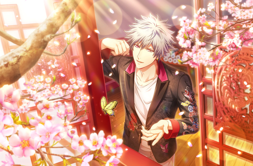 1boy :d animal_print architecture black_jacket blurry bug butterfly butterfly_print cherry_blossoms day depth_of_field dragon_print earrings east_asian_architecture embroidery falling_petals floral_print flower_knot from_above from_outside game_cg grey_eyes grey_hair hand_up heterochromia highres jacket jewelry kurosaki_ranmaru lens_flare light_particles looking_at_animal lower_teeth male_focus official_art open_window pants petals red_eyes scroll shadow shirt short_hair single_earring smile solo spiked_hair standing sunlight tassel tassel_earrings teeth third-party_source upper_body uta_no_prince-sama uta_no_prince-sama:_shining_live white_pants white_shirt window wooden_floor yellow_butterfly