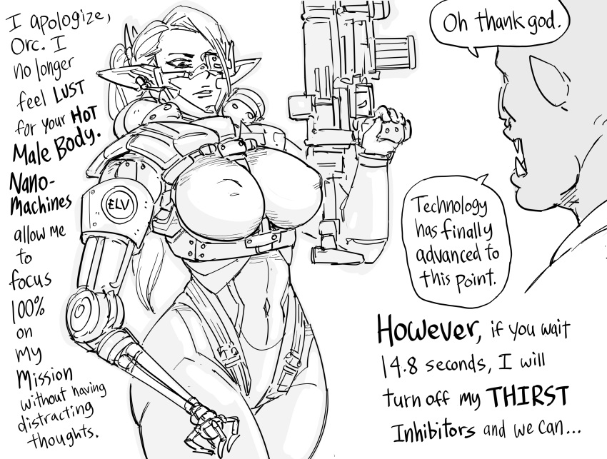 1boy 1girl absurdres bb_(baalbuddy) breasts cyborg elf english_commentary english_text greyscale gun highres holding holding_gun holding_weapon large_breasts mechanical_arms metal_gear_(series) metal_gear_rising:_revengeance monochrome orc original pointing pointing_up pointy_ears simple_background single_mechanical_arm speech_bubble weapon white_background