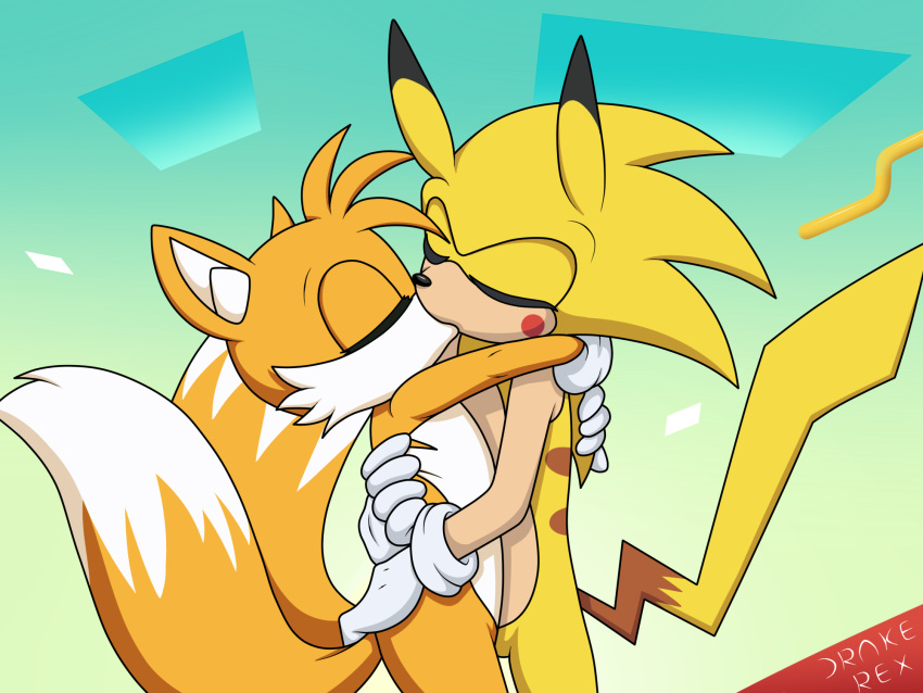 anthro canid canine drake-rex duo eulipotyphlan eyes_closed fox hedgehog hi_res kissing male male/male mammal miles_prower orange_body sega sonic_the_hedgehog_(series) sonichu_(character) sonichu_(series) two_tone_tail yellow_body