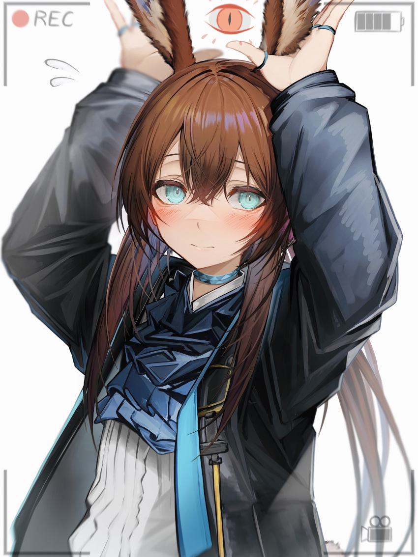 1girl absurdres amiya_(arknights) animal_ears aqua_eyes arknights arms_up black_jacket blue_choker brown_hair choker closed_mouth commentary_request hair_between_eyes highres jacket long_hair long_sleeves looking_at_viewer rabbit_ears recording simple_background solo tab_head white_background