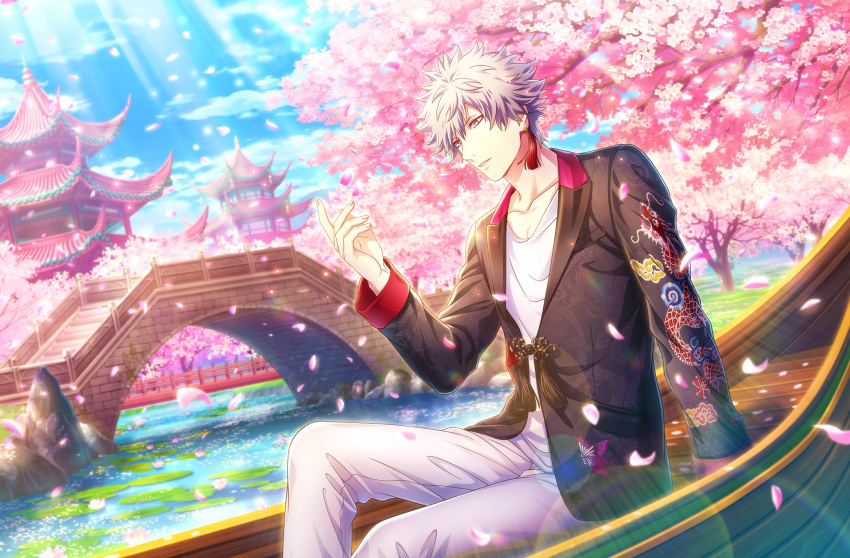 1boy animal_print architecture arm_support black_jacket bridge butterfly_print cherry_blossoms day dragon_print dutch_angle earrings east_asian_architecture embroidery falling_petals feet_out_of_frame fingernails flower_knot from_side game_cg grey_eyes grey_hair hand_up heterochromia highres jacket jewelry kurosaki_ranmaru lens_flare light_particles lily_pad male_focus official_art pants parted_lips petals pond red_eyes rowboat shirt short_hair single_earring sitting solo spiked_hair sunlight tassel tassel_earrings third-party_source tree uta_no_prince-sama uta_no_prince-sama:_shining_live water_lily_flower white_pants white_shirt