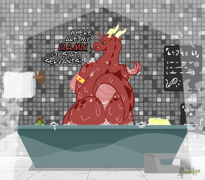 aliasing angry animated animated_png anthro big_breasts big_butt black_sclera breasts butt chubby_female countershading curvy_figure detailed_background dialogue digital_media_(artwork) dragon emanata english_text hi_res horn jewelry loop non-mammal_breasts nude profanity red_body rubber_duck scalie short_playtime signature slightly_chubby snapps soap soap_bubbles solo spa spines subtle_animation text thick_tail thick_thighs voluptuous wet yellow_eyes