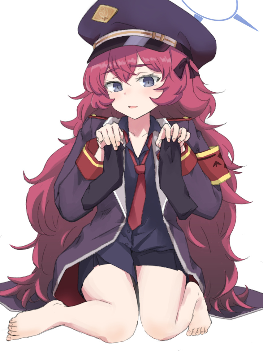 1girl absurdres armband artist_request barefoot black_legwear black_shirt blue_archive blush feet halo hat highres holding iroha_(blue_archive) jacket looking_at_viewer military military_hat military_uniform necktie red_hair red_necktie shirt simple_background sitting socks solo toes uniform white_background