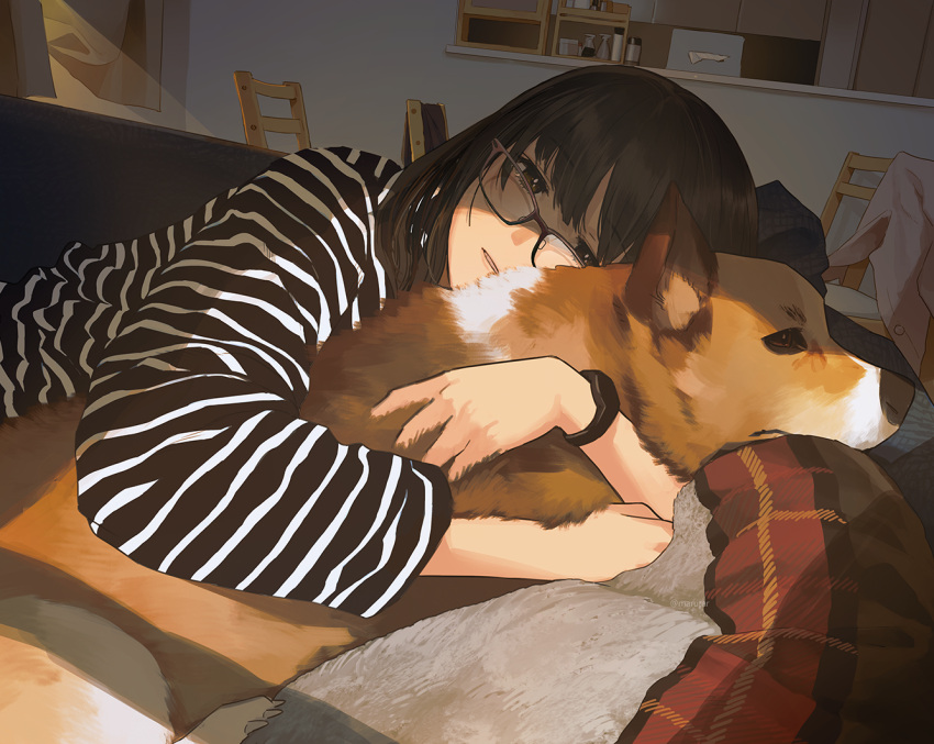 1girl bangs black_hair brown_eyes couch glasses hug looking_at_viewer lying medium_hair morifumi on_couch original parted_lips shirt solo striped striped_shirt symbol-only_commentary watch welsh_corgi wristwatch