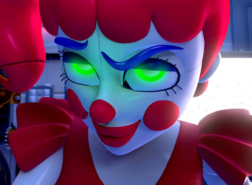 3d_(artwork) animatronic blue_eyebrows circus_baby_(fnaf) clothed clothing clown clown_nose digital_media_(artwork) eyebrows female five_nights_at_freddy's glowing glowing_eyes green_eyes hair hi_res humanoid lewdwithlogan lips looking_at_viewer machine meme no_bitches? not_furry raised_eyebrow red_cheeks red_clothing red_hair red_lips robot scottgames sister_location smile smug solo solo_focus source_filmmaker thick_lips video_games white_body