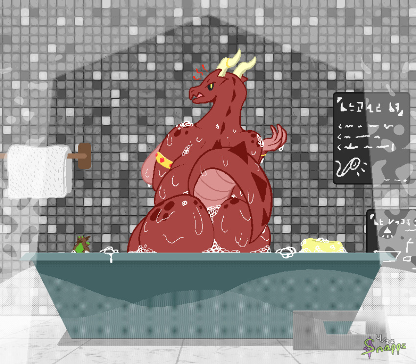 aliasing angry animated animated_png anthro big_breasts big_butt black_sclera breasts butt chubby_female countershading curvy_figure detailed_background digital_media_(artwork) dragon emanata hi_res horn jewelry loop non-mammal_breasts nude red_body rubber_duck scalie short_playtime signature slightly_chubby snapps soap soap_bubbles solo spa spines subtle_animation thick_tail thick_thighs voluptuous wet yellow_eyes