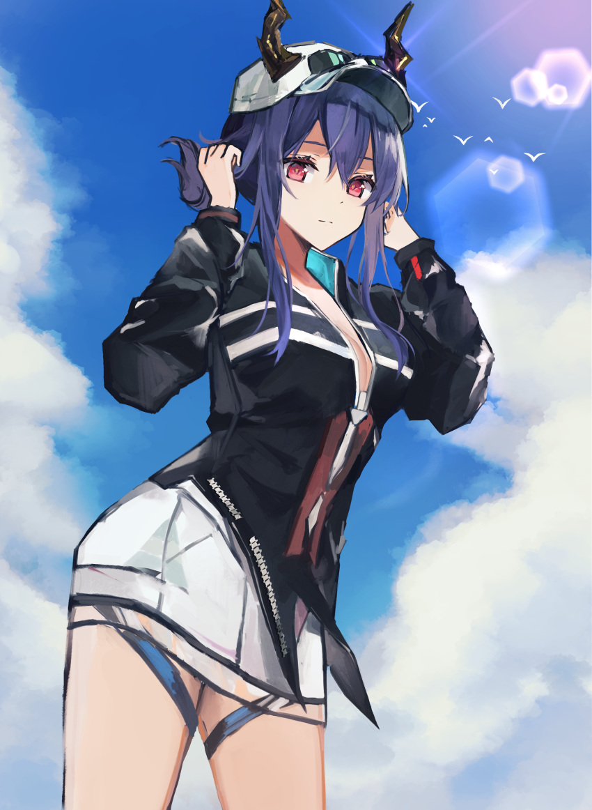 1girl absurdres arknights baseball_cap bird black_jacket blue_hair blue_sky blurry bokeh breasts ch'en_(arknights) ch'en_the_holungday_(arknights) cleavage cloud cloudy_sky commentary_request depth_of_field expressionless eyewear_on_headwear folded_ponytail hair_between_eyes hands_up hat highres horns horns_through_headwear jacket kokao358 large_breasts looking_at_viewer no_tail outdoors partially_unzipped red_eyes sidelocks skirt sky solo sunglasses white_headwear white_skirt
