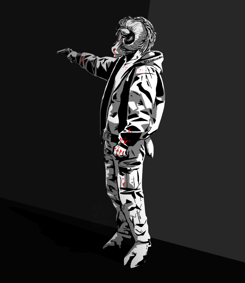 abstract_background absurd_res aiming anthro bighorn_sheep blood blood_on_clothing blood_on_face blood_on_hand bodily_fluids bottomwear bovid caprine cargo_pants clothed clothing coat colt_single_action_army fully_clothed fully_clothed_male gun handgun hi_res high_contrast hood hooded_jacket hooves male mammal monochrome nosebleed pants pointing_gun ranged_weapon revolver shaded shadow sheep solo topwear veryloudopossum watermark weapon