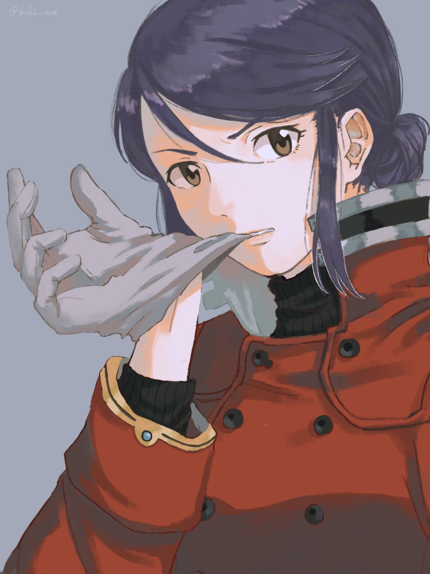 1girl biting gloves highres katsuragi_misato looking_at_viewer neon_genesis_evangelion purple_hair rebuild_of_evangelion simple_background solo yanon3721