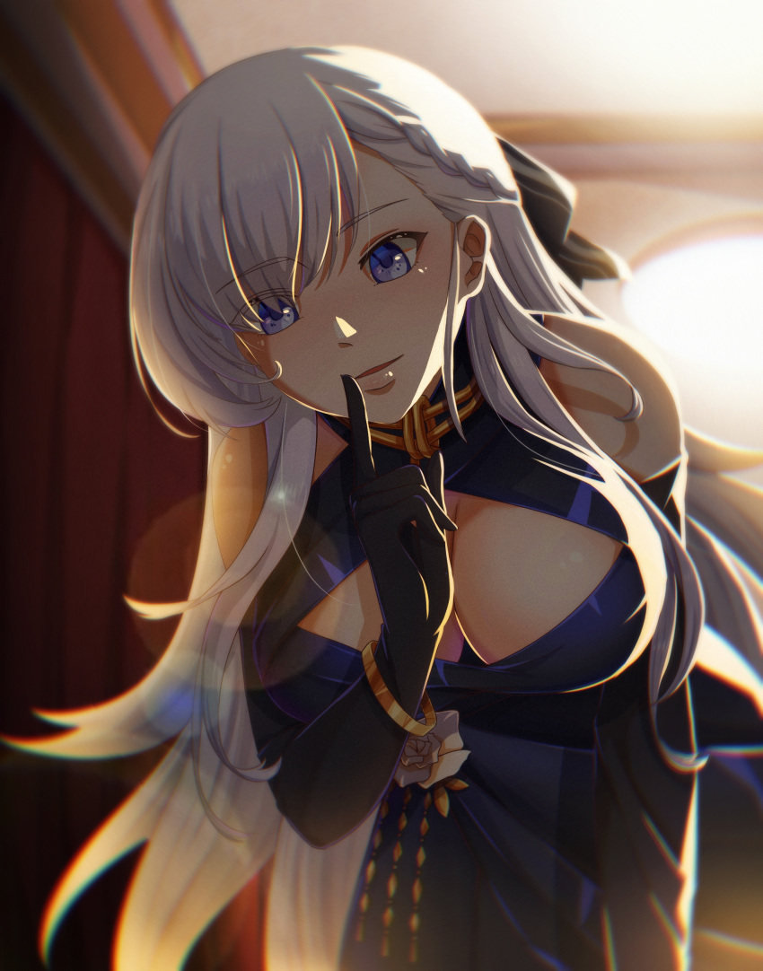 1girl absurdres azur_lane belfast_(azur_lane) belfast_(the_noble_attendant)_(azur_lane) braid breasts cleavage criss-cross_halter dress elbow_gloves evening_gown eyebrows_visible_through_hair french_braid gloves halter_dress halterneck highres hoshidou-sama indoors large_breasts leaning_forward long_hair looking_at_viewer official_alternate_costume purple_eyes purple_gloves solo white_hair