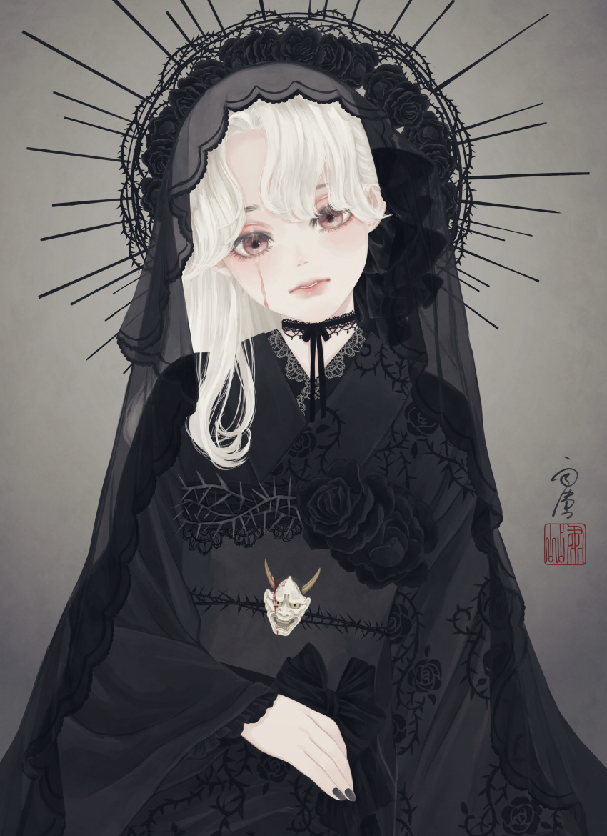 1girl absurdres artist_name bangs black_choker black_flower black_kimono black_nails black_rose black_veil choker closed_mouth commentary_request expressionless flower frilled_sleeves frills grey_background grey_eyes halo hannya head_tilt highres japanese_clothes kimono lace lace-trimmed_choker lace_trim long_hair long_sleeves looking_at_viewer nail_polish noh_mask obi obiage obijime original print_kimono ribbon_choker rose runny_makeup sash seal_impression signature solo thorns upper_body ushiyama_ame veil white_hair wide_sleeves