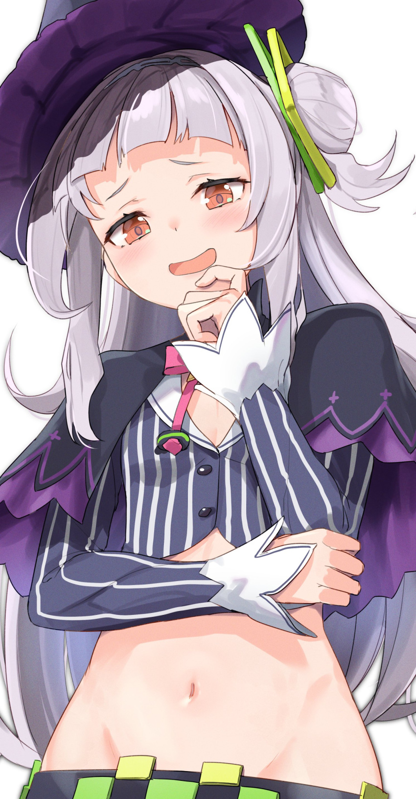 1girl absurdres black_headwear breasts capelet cleavage grey_hair groin hat highres hololive long_hair long_sleeves looking_at_viewer murasaki_shion navel open_mouth orange_eyes simple_background small_breasts solo striped vertical_stripes virtual_youtuber white_background witch_hat yuuzuki_(re'ef)
