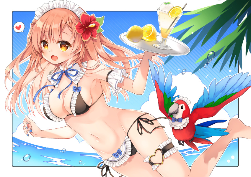 1girl :d animal bare_shoulders bikini bird black_bikini blue_bow blue_ribbon bow bow_bikini breasts brown_eyes brown_hair cleavage clothed_animal commentary_request commission cup drinking_glass drinking_straw flower food frilled_bikini frills fruit hair_flower hair_ornament heart hibiscus holding holding_tray lemon long_hair maid_bikini maid_headdress medium_breasts navel neck_ribbon original palm_tree parrot purinpurin red_flower ribbon side-tie_bikini skeb_commission smile solo spoken_heart swimsuit tray tree water water_drop