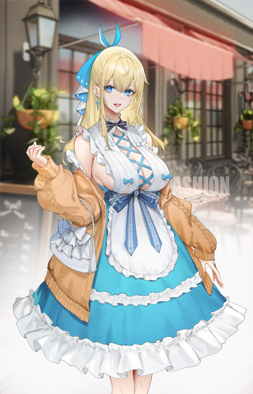 1girl :d absurdres apron bag bangs bare_shoulders black_ribbon blonde_hair blue_eyes blue_ribbon blue_skirt breasts building cleavage cross-laced_clothes day earrings eyebrows_visible_through_hair feet_out_of_frame frilled_apron frilled_shirt frilled_skirt frills genera-x hair_ribbon handbag highres jacket jewelry large_breasts long_hair long_sleeves looking_at_viewer medium_skirt neck_ribbon open_clothes open_jacket open_mouth orange_jacket original outdoors plant potted_plant ribbon shirt skirt smile solo standing waist_apron white_apron white_shirt