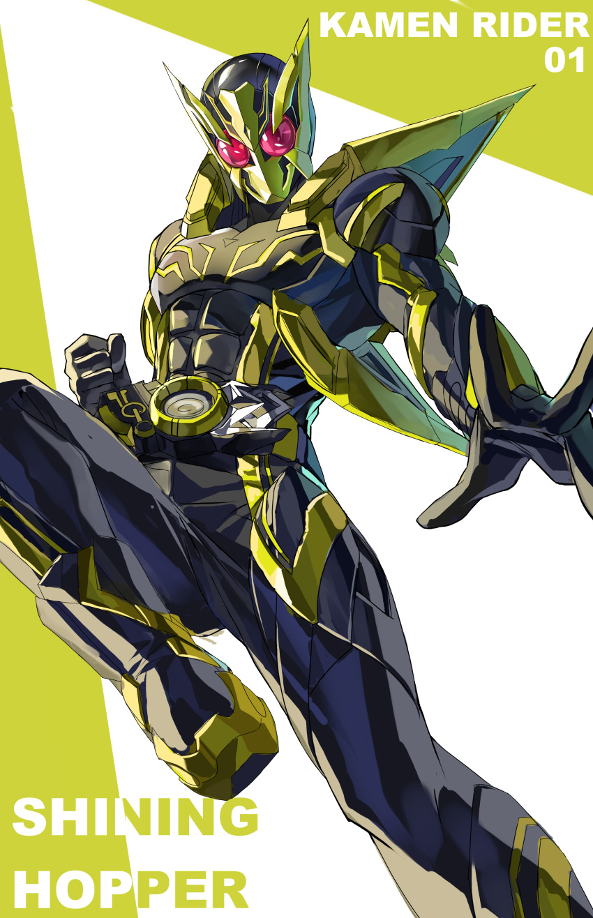 1boy absurdres alternate_costume antennae armor belt bug clenched_hand feimao_(angelcat) finishing_move gloves grasshopper green_armor green_background helmet highres jump_kick kamen_rider kamen_rider_01_(series) kamen_rider_zero-one kicking male_focus power_armor red_eyes rider_belt rider_kick shining_hopper solo standing two-tone_background white_background zero_one_driver