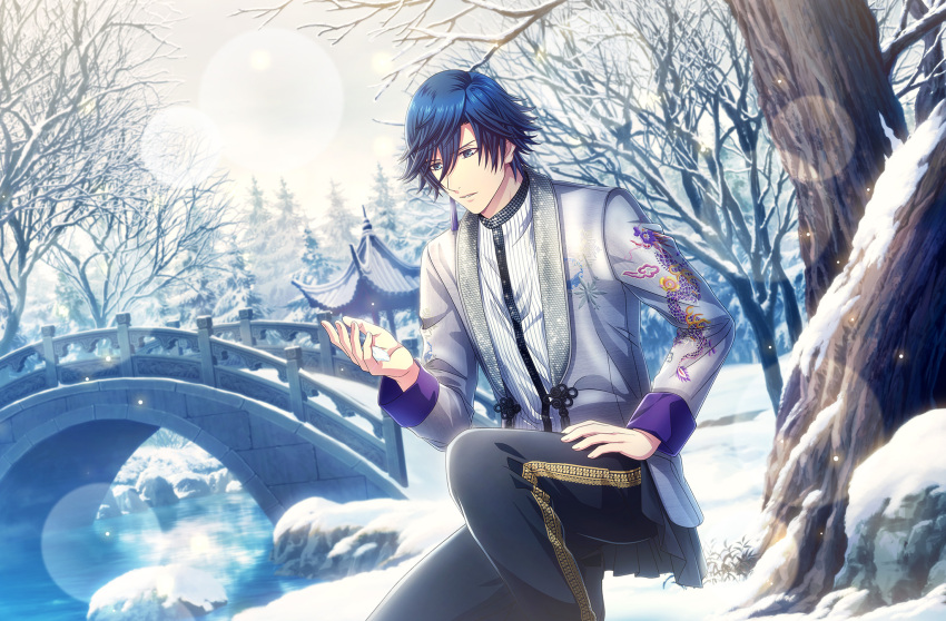 1boy architecture bare_tree black_pants blue_eyes blue_hair bridge dragon_print dutch_angle earrings east_asian_architecture embroidery feet_out_of_frame flower_knot game_cg grey_jacket hair_between_eyes hand_on_own_thigh highres ichinose_tokiya jacket jewelry lens_flare light_particles long_sleeves looking_at_hand looking_down male_focus official_art one_knee outdoors pants parted_lips rock shirt short_hair single_earring snow snow_in_hand snowflake_print solo striped striped_shirt tassel tassel_earrings third-party_source tree uta_no_prince-sama uta_no_prince-sama:_shining_live water white_shirt winter