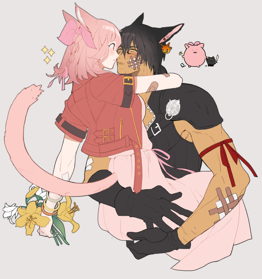 1boy 1girl aerith_gainsborough aerith_gainsborough_(cosplay) animal_ears arm_around_neck arm_ribbon armor arms_around_waist bandaged_arm bandages bandaid black_gloves black_hair black_shirt blush bomb_(final_fantasy) bouquet bracelet braid breasts cat_ears cat_tail cloud_strife cloud_strife_(cosplay) cosplay couple cropped_jacket dress facial_mark final_fantasy final_fantasy_vii final_fantasy_vii_advent_children final_fantasy_vii_remake final_fantasy_xiv flower gloves grey_background hair_between_eyes hair_ribbon highres holding holding_bouquet imminent_kiss jacket jewelry kaka_ff14 long_dress medium_breasts medium_hair miqo'te muscular muscular_male open_collar pink_dress pink_hair red_eyes red_jacket ribbon shirt short_hair shoulder_armor sleeveless sleeveless_shirt sparkle tail tan upper_body white_flower yellow_eyes yellow_flower