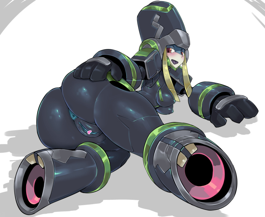 1girl :d anus ass blush breasts censored darling_in_the_franxx fewer_digits from_behind genista_(darling_in_the_franxx) hat heart heart_censor looking_at_viewer looking_back medium_breasts nipples no_feet pochincoff pussy red_eyes robot sidelocks smile solo