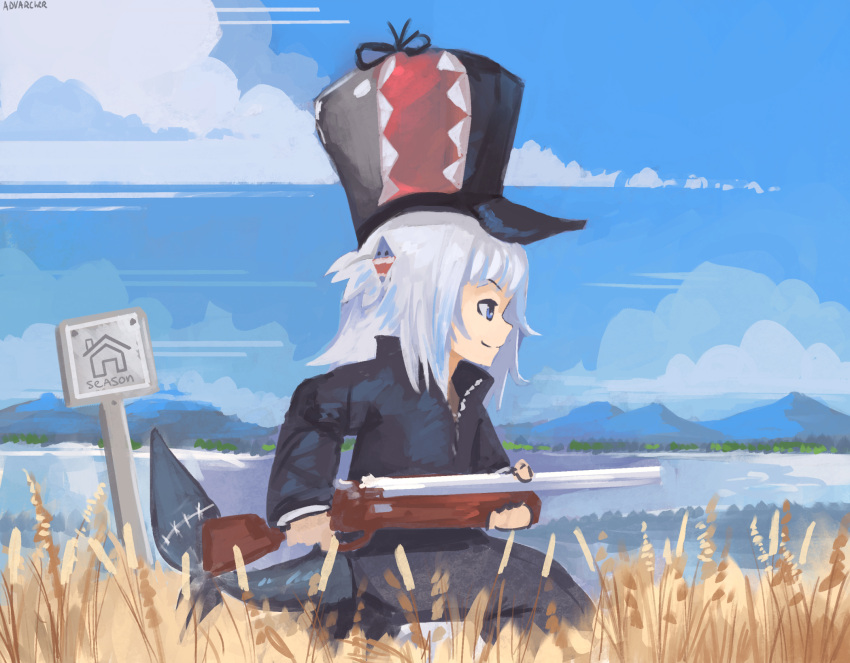 adapted_costume alternate_costume anonamos bangs blue_eyes blue_hair blue_headwear blue_jacket blue_sky blunt_bangs cloud cloudy_sky commentary cosplay double-barreled_shotgun elmer_fudd elmer_fudd_(cosplay) english_commentary fish_tail from_side fur_hat gawr_gura grey_headwear gun hair_ornament hat highres holding holding_weapon hololive hololive_english horizon jacket lake long_sleeves looney_tunes mountainous_horizon multicolored_hair outdoors painterly parody profile red_headwear shark_hair_ornament shark_tail shotgun sign signature sky smile streaked_hair tail two_side_up ushanka virtual_youtuber weapon wheat_field