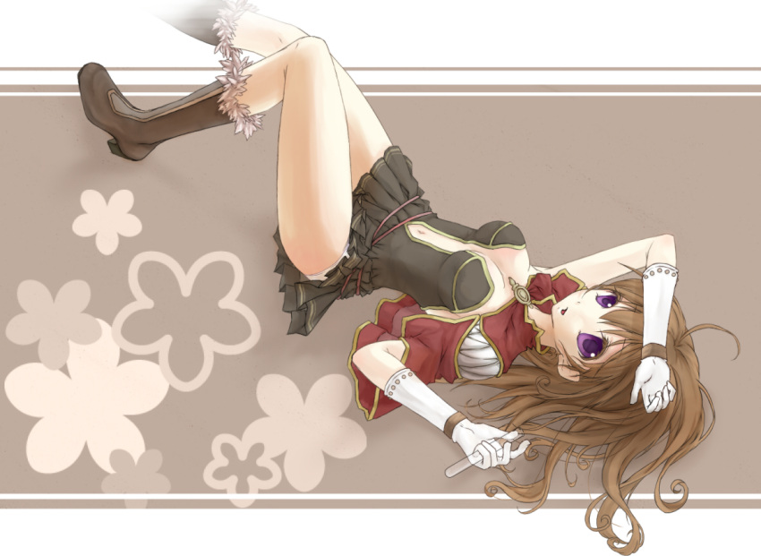 1girl arm_above_head ayasa bangs boots breasts brown_dress brown_footwear brown_hair cape commentary_request creator_(ragnarok_online) dress full_body fur-trimmed_footwear gloves hair_between_eyes holding large_breasts long_hair looking_at_viewer lying navel on_back open_mouth panties purple_eyes ragnarok_online red_cape short_dress solo strapless strapless_dress underwear vial white_gloves white_panties