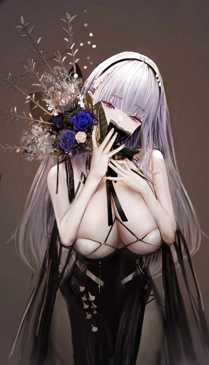 1girl absurdres ah_(pixiv62888100) azur_lane bouquet breasts cowboy_shot criss-cross_halter dido_(anxious_bisque_doll)_(azur_lane) dido_(azur_lane) dress dress_straps eyebrows_visible_through_hair flower grey_background hairband halter_dress halterneck highres holding holding_bouquet large_breasts long_dress official_alternate_costume pelvic_curtain purple_dress purple_flower purple_hairband red_eyes simple_background sleeveless sleeveless_dress solo