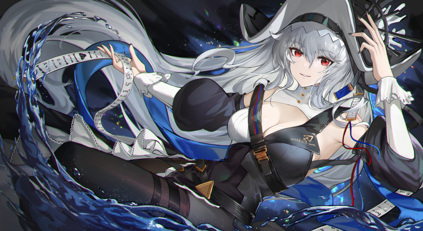 1girl absurdres arknights arm_up armpits bangs black_dress black_headwear black_legwear black_nails breasts cleavage covered_navel detached_sleeves dress eyebrows_visible_through_hair genera-x grey_hair hair_between_eyes highres holding large_breasts light_particles long_hair long_sleeves looking_at_viewer nail_polish pantyhose parted_lips pelvic_curtain puffy_long_sleeves puffy_sleeves red_eyes shoulder_strap smile solo specter_(arknights) thigh_strap very_long_hair water