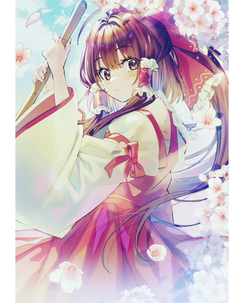 1girl :&lt; absurdres blush brown_hair cloud eyebrows eyebrows_visible_through_hair flower hakurei_reimu here_(hr_rz_ggg) highres holding japanese_clothes looking_to_the_side miko red_headwear red_ribbon ribbon sky solo touhou