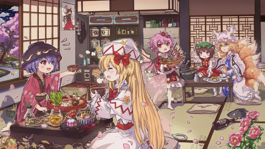 6+girls :3 :d :o =3 =_= animal_ears animal_print bangs beard bird bird_ears bird_print bird_wings blonde_hair blue_tabard blush blush_stickers boat_(tableware) bottle bow bowl bowl_hat bowtie bread_bun brown_eyes brown_hair capelet cat_ears chen cherry_blossoms chinese_commentary cloud commentary_request cup drawer dress drooling eyebrows_visible_through_hair facial_hair fairy_wings fish_skeleton flower food fox_ears fox_tail frilled_sleeves frills fruit frying_pan fur-trimmed_dress fur-trimmed_sleeves fur_trim gap_(touhou) garlic gohei green_headwear green_tea hair_bow hair_flower hair_ornament hakurei_reimu hand_fan hat highres holding holding_bowl hotpot indoors japanese_clothes kettle kimono kitsune kotatsu kyuubi lettuce lily_white liquid long_hair long_sleeves looking_at_another miracle_mallet mob_cap mochi multiple_girls multiple_tails mystia_lorelei needle nekomata nero_augustus26 noodles notice_lines obi orange_(fruit) orange_slice pantyhose petals petticoat pillow pink_flower pink_hair pink_kimono pink_rose plate poster_(object) pudding puffy_long_sleeves puffy_sleeves purple_hair ramen red_bow red_eyes red_ribbon red_skirt red_vest ribbon rose sash seiza shirt short_hair shrimp sitting skewer skirt skirt_set sky smile socks sparrow spill star_(sky) starry_sky stone_lantern sukuna_shinmyoumaru sushi sweatdrop table tail tatami tea teapot tofu touhou tree twitter_username two_tails vase vest waist_bow white_capelet white_dress white_headwear white_legwear white_shirt wide_sleeves window wings yakumo_ran yakumo_yukari yellow_eyes