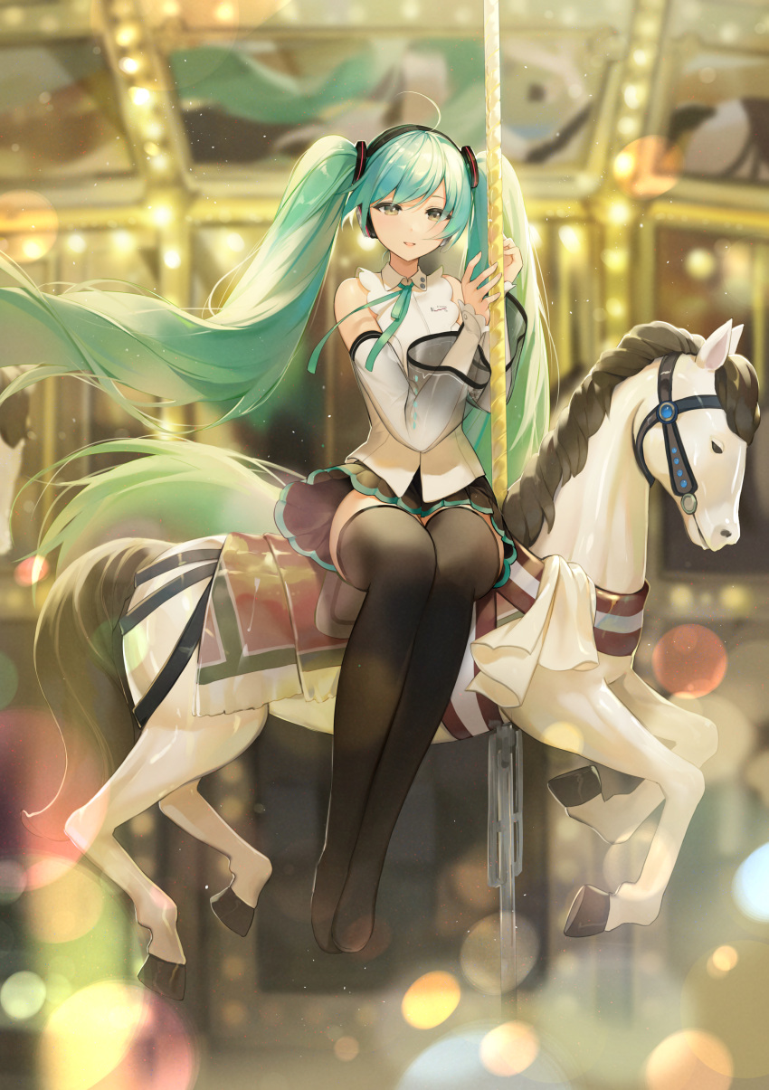 1girl absurdres ahoge aqua_hair aqua_ribbon bangs bare_shoulders black_legwear black_skirt blue_hair blurry blurry_background bokeh carousel commentary_request depth_of_field detached_sleeves eso_(toory) full_body hands_up hatsune_miku hatsune_miku_(nt) headphones highres long_hair long_sleeves looking_at_viewer miniskirt neck_ribbon parted_lips piapro pleated_skirt ribbon shirt sitting skirt solo thighhighs twintails very_long_hair vocaloid white_shirt