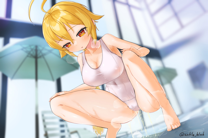 1girl ahoge artist_name bangs bare_shoulders barefoot beach_chair beach_umbrella blazblue blonde_hair blurry blurry_background blush breasts breath cameltoe cleavage collarbone commentary_request covered_navel day dutch_angle es_(xblaze) feet hair_between_eyes half-closed_eyes hands_on_own_knees hands_up highres huge_ahoge indoors large_breasts leaning_forward long_hair looking_at_viewer many_ankles nipples one-piece_swimsuit open_mouth partial_commentary pee peeing peeing_self ponytail puddle red_eyes see-through shiny shiny_hair shiny_skin sidelocks signature solo spread_legs squatting steam swimsuit twitter_username umbrella wet wet_clothes white_swimsuit window xblaze xblaze_code:_embryo