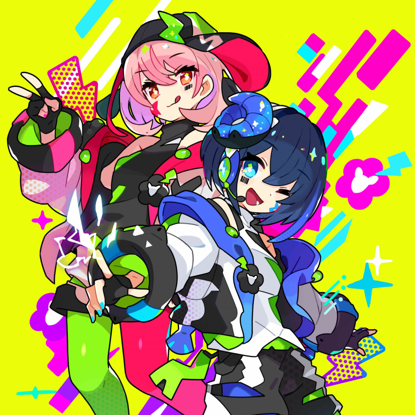 2girls :d ;d absurdres barcode barcode_tattoo baseball_cap black_gloves black_headwear black_pants black_shirt blue_eyes blue_hair blue_horns blue_nails commentary_request electricity facial_tattoo fake_horns fingerless_gloves gloves green_legwear hat headphones headset highres horns jacket kurumitsu lightning_bolt-shaped_pupils lightning_bolt_symbol long_sleeves marpril microphone multiple_girls one_eye_closed pants pantyhose pink_hair pink_legwear pink_nails sheep_horns shirt short_hair shorts sideways_hat smile sparkle symbol-shaped_pupils tattoo two-tone_legwear v virtual_youtuber white_jacket white_shirt white_shorts