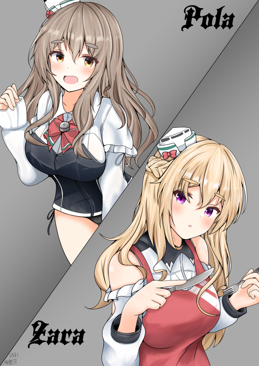 2girls abataa absurdres apron black_panties blonde_hair bodice bow bowtie braid brown_eyes character_name clothing_cutout eyebrows_visible_through_hair fork french_braid grey_hair hat highres holding holding_fork holding_knife kantai_collection knife long_hair long_sleeves mini_hat miniskirt multiple_girls panties pola_(kancolle) purple_eyes red_apron red_bow red_bowtie shirt shoulder_cutout side-tie_panties skirt thick_eyebrows tilted_headwear underwear wavy_hair white_shirt zara_(kancolle)