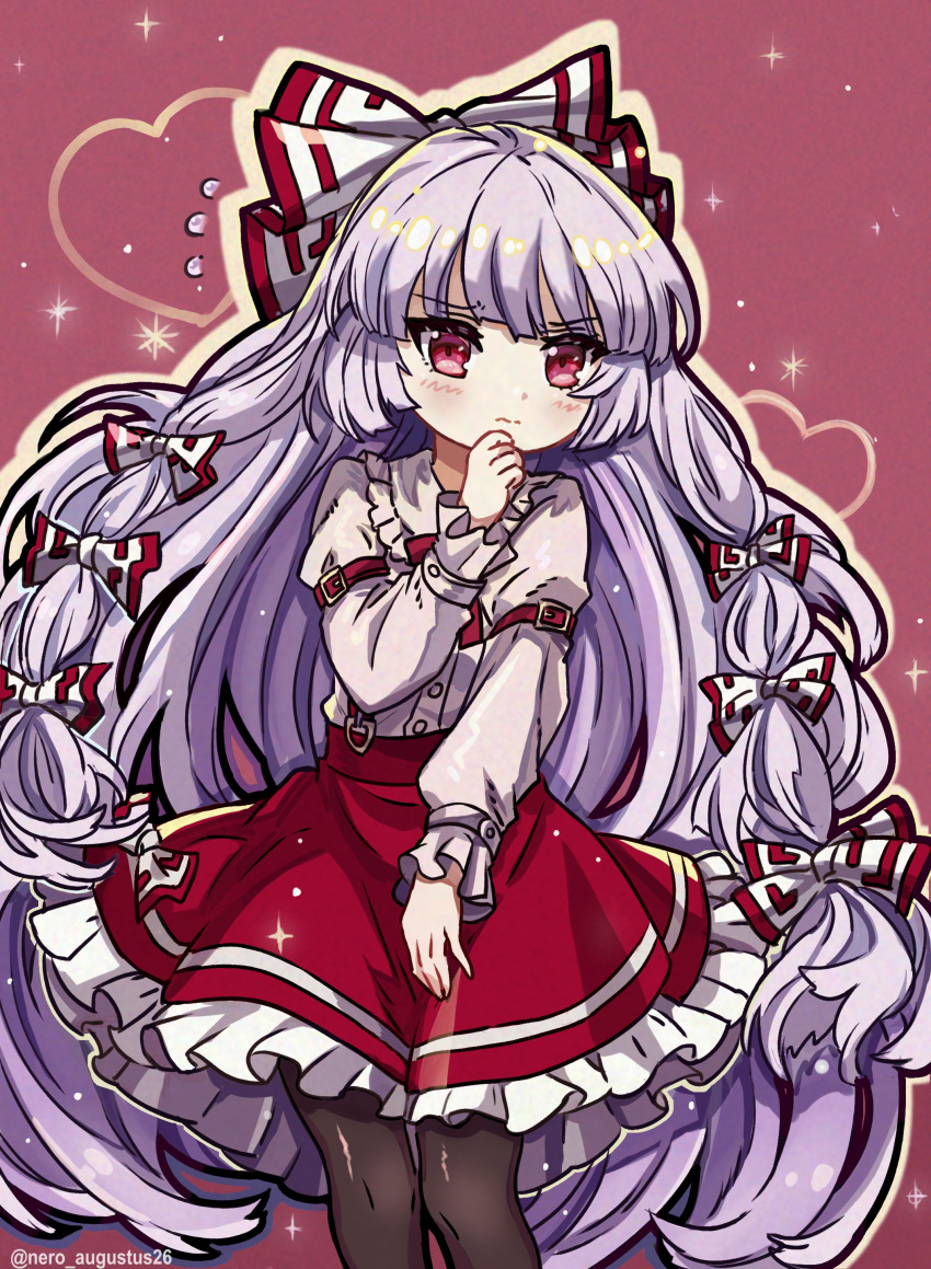 1girl absurdres arm_belt belt black_legwear blush bow chinese_commentary commentary_request frilled_shirt frilled_skirt frills fujiwara_no_mokou hair_bow hand_on_own_chin heart highres hime_cut long_hair long_sleeves looking_at_viewer multicolored_bow nero_augustus26 pantyhose red_belt red_bow red_eyes red_ribbon red_skirt ribbon shirt signature skirt solo sweatdrop touhou very_long_hair wavy_mouth white_bow white_hair white_shirt