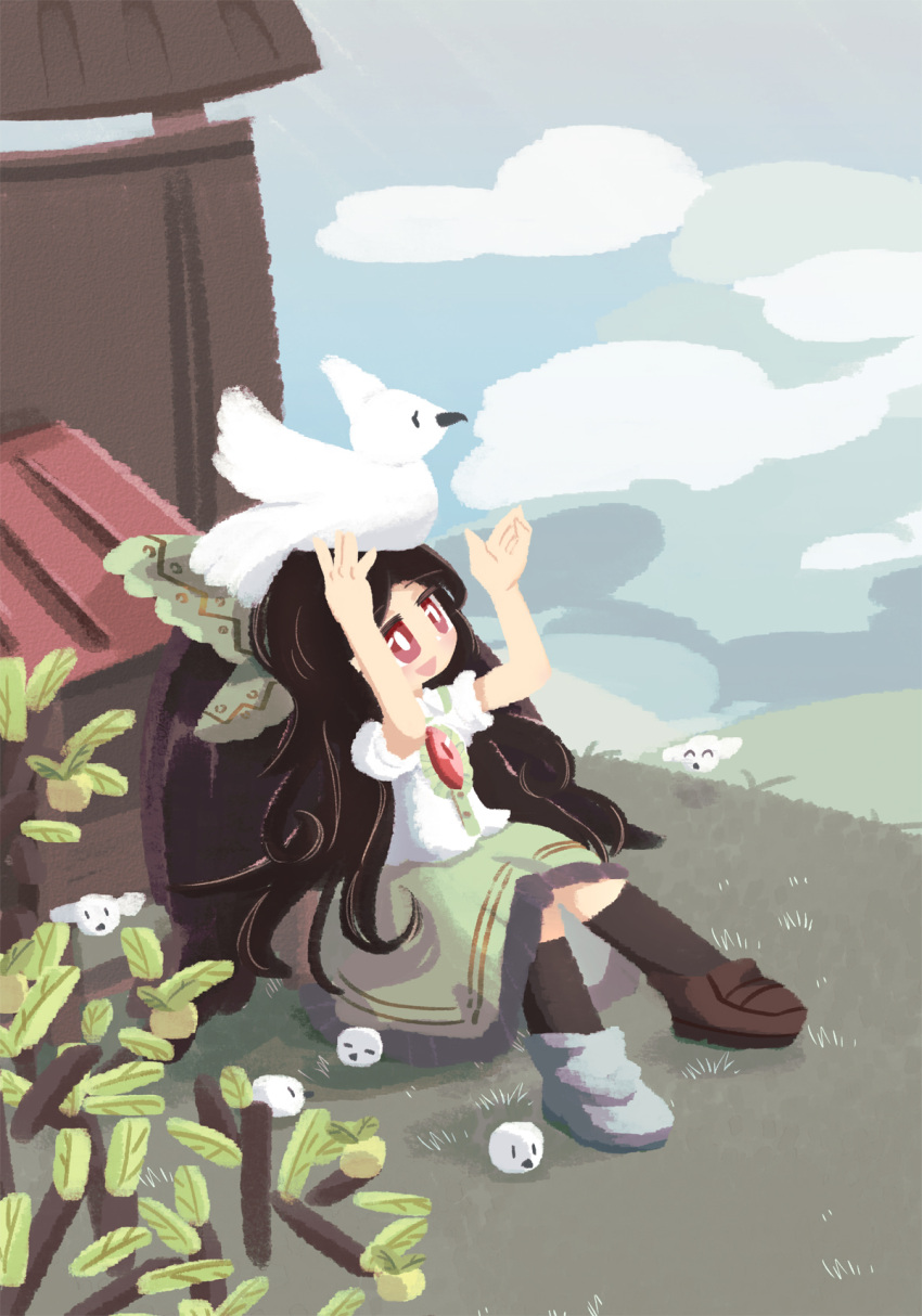 1girl :d animal_on_head arms_up asymmetrical_footwear bird bird_on_head black_hair black_legwear black_wings bow bright_pupils building cloud commentary day eyebrows_visible_through_hair full_body grass green_bow green_skirt hair_bow hands_up highres kneehighs kurocat leaf long_hair looking_up on_ground on_head open_mouth outdoors puffy_short_sleeves puffy_sleeves red_eyes reiuji_utsuho shirt short_sleeves sitting skirt sky smile solo third_eye touhou very_long_hair white_pupils white_shirt wings