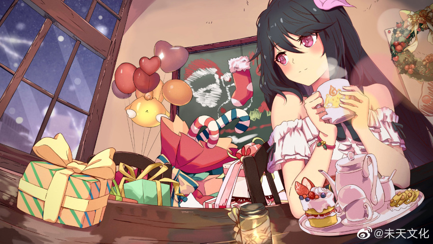 1girl balloon black_hair christmas_stocking cup gift highres holding holding_cup kettle long_hair looking_to_the_side mug parfait plate smile snow solo steam table wei_tian_wenhua window winter yao_yao_(yuan_zun) yuan_zun