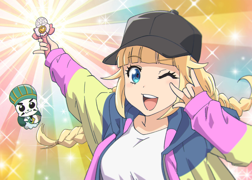 1girl bangs baseball_cap black_headwear blonde_hair blue_eyes braid eyebrows_visible_through_hair feather_fan hand_fan hat highres holding holding_fan holding_microphone jacket looking_at_viewer microphone multicolored_clothes multicolored_jacket one_eye_closed open_clothes open_jacket open_mouth paripi_koumei parody precure shirt smile tsukimi_eiko twin_braids ueyama_michirou white_shirt zhuge_kongming_(paripi_koumei)