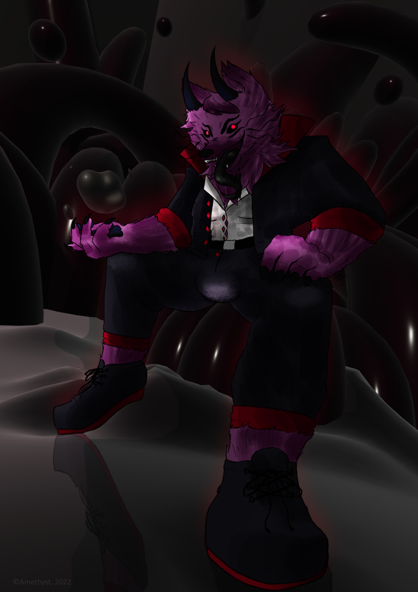 absurd_res anthro bara_tiddies barazoku bulge canid canine canis demon hi_res hybrid kagesama male male/male mammal solo wolf