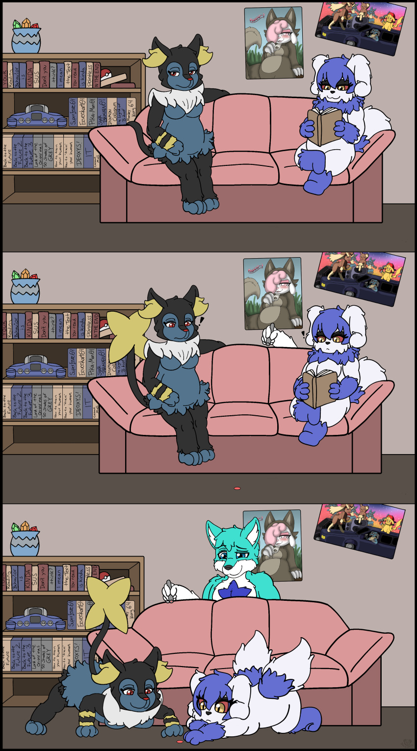 2_tails absurd_res all_fours amy_the_mystgoose anthro black_body black_fur blue_body blue_fur book bored braixen buneary canid canine chikn_nuggit cofi_(chikn_nuggit) comic darknetic duo emmanuel_the_fox english_text female feral fluffy fox friday_night_funkin' fur furniture group hi_res hybrid kiara_the_luxen_(darknetic) laser_pointer lopunny lucario luxen luxray male mammal multi_tail mystgoose neck_tuft nintendo nintendo_64 one_page_comic pikachu pok&eacute;ball pok&eacute;mon pok&eacute;mon_(species) poster reading rubies slightly_chubby smile sofa text tuft video_games white_body white_fur yellow_body yellow_fur