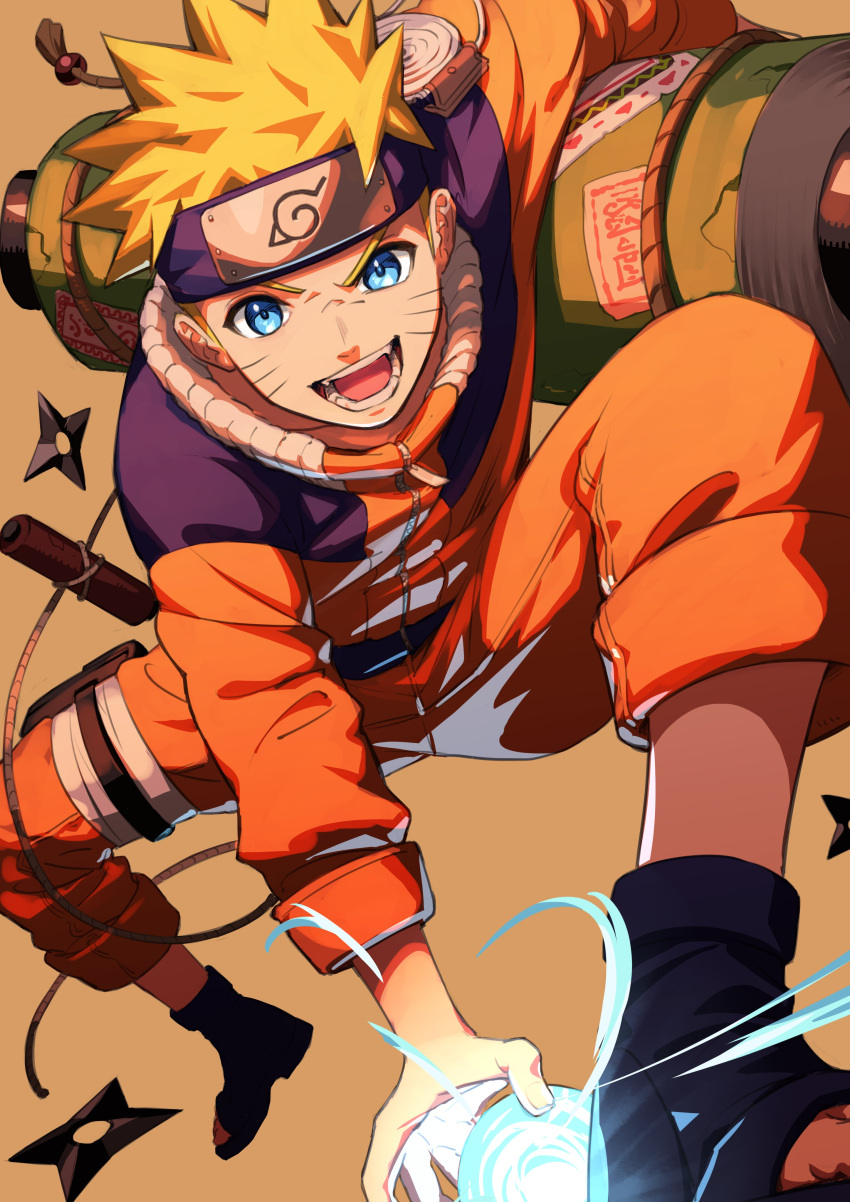 1boy absurdres airborne black_footwear blue_headband brown_background headband highres holding jumpsuit konohagakure_symbol looking_at_viewer naruto naruto_(series) nemoto_yuuma open_mouth orange_jumpsuit rasengan shuriken smile solo thigh_strap uzumaki_naruto v-shaped_eyebrows weapon whiskers